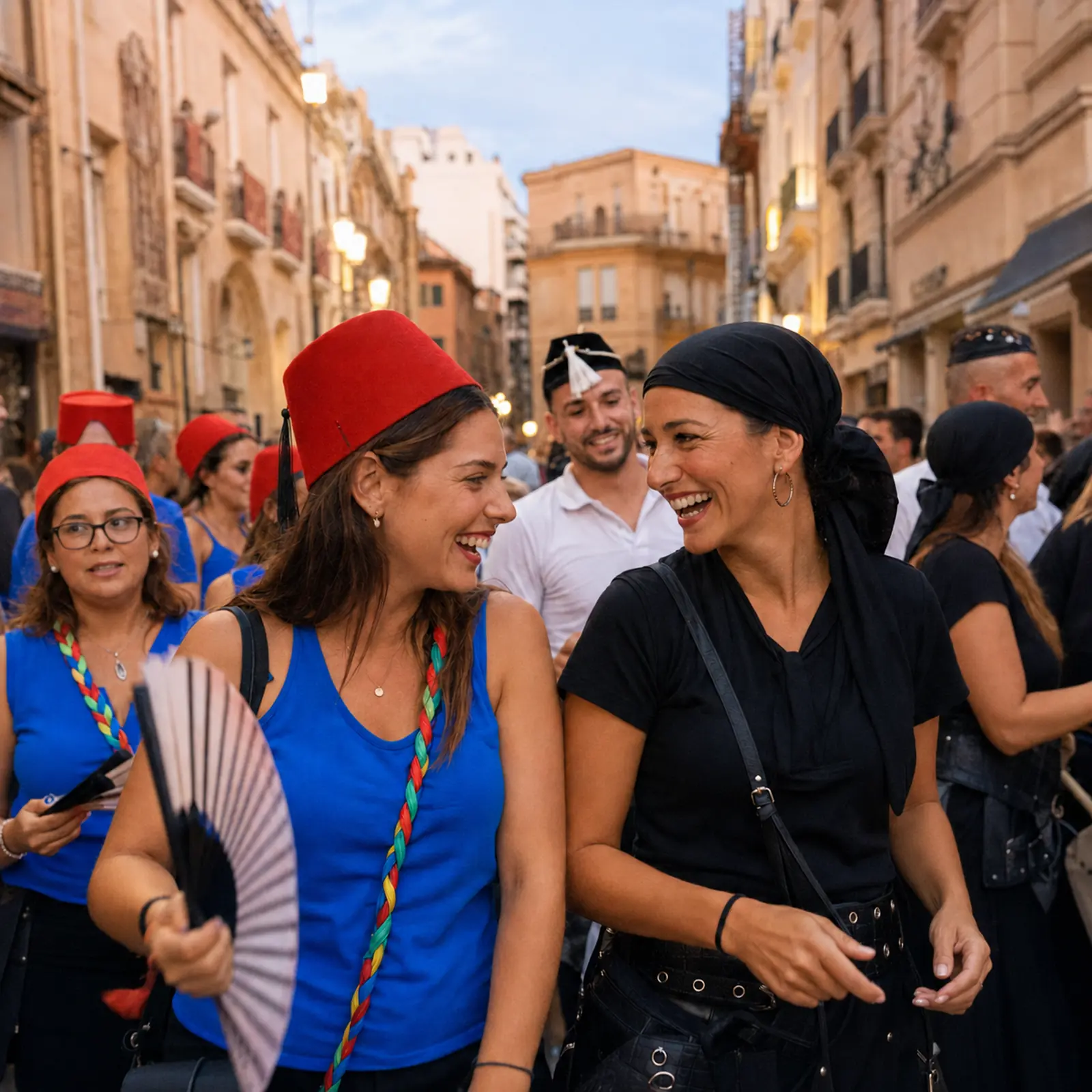 Dos mujeres sonríen y conversan en una calle festiva, una con camiseta azul y fez rojo y la otra vestida de negro con un pañuelo en la cabeza.